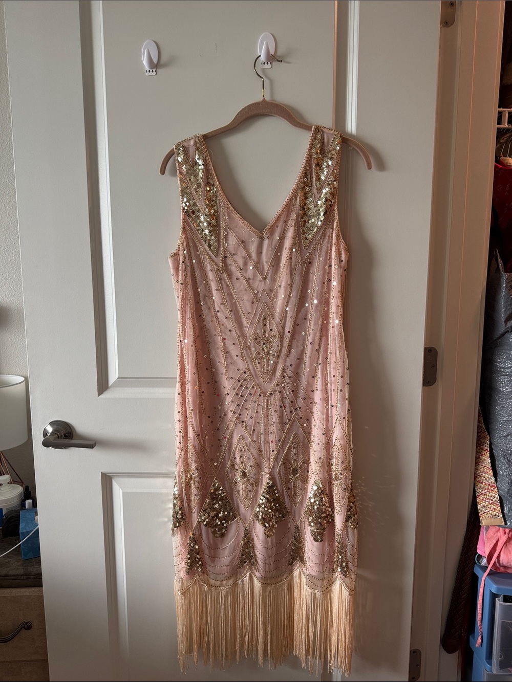Embellished Blush Fringe V-Neck Dress